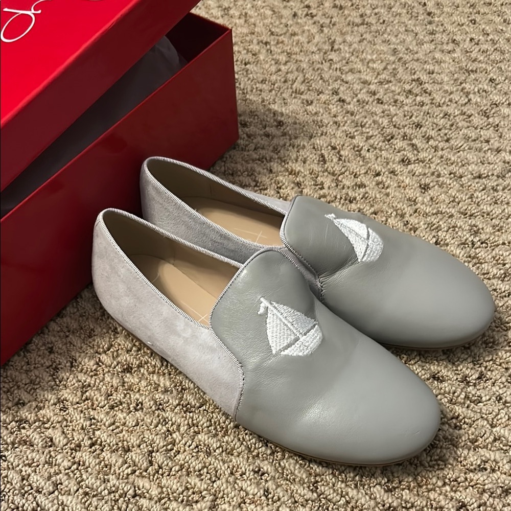 Gray Slip-On Shoes with Sailboat Embroidery
